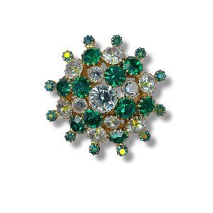 Vintage Green & Clear Rhinestone Brooch Gold Tone 2" Prong Set Roll Over Clasp